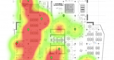 Heat map from camera system showing customer density in a retail center