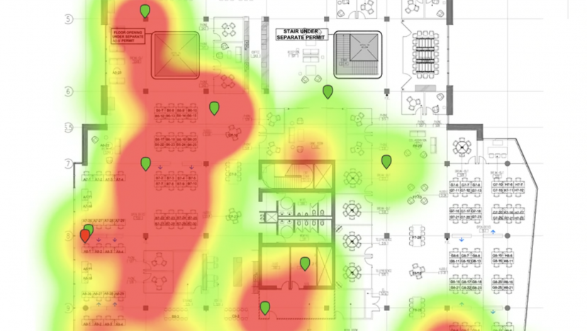 Heat map from camera system showing customer density in a retail center